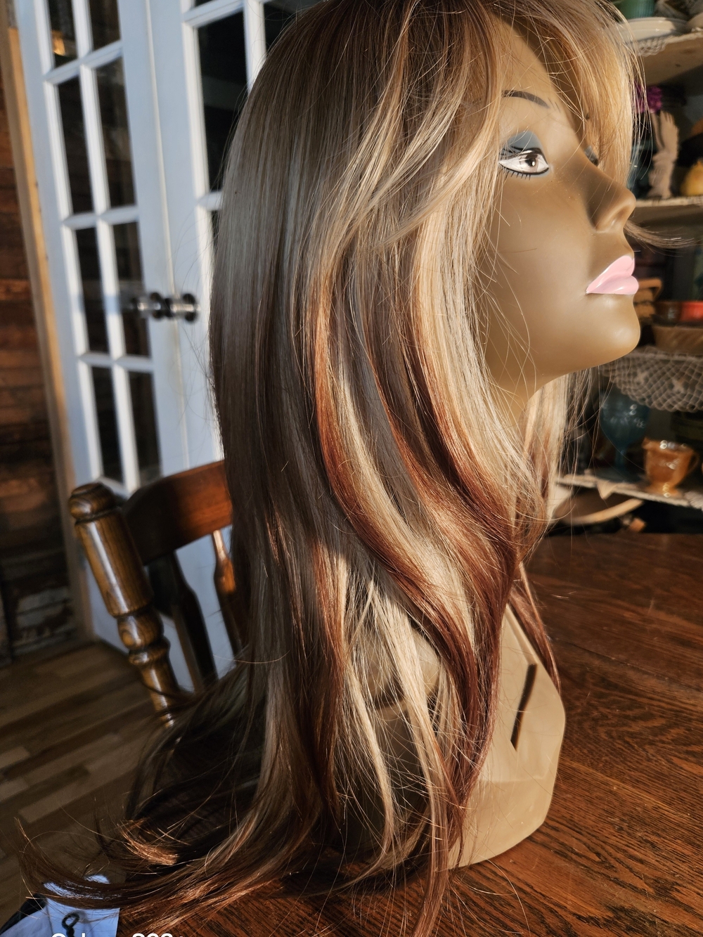 Source Unknown Blonde Wig with Auburn Highlights - Long Synthetic Style